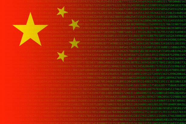 The flag of China, a red field with a large yellow star in upper left corner and four smaller yellow stars arranged in semicircle below it. The background is obscured by a layer of numbers and code.