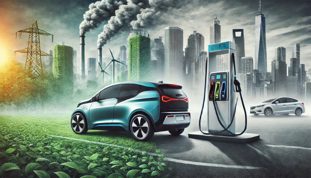A side-by-side comparison of an electric vehicle (EV) and a petrol car. The EV is sleek, modern, and futuristic, with a charging cable connected to a car