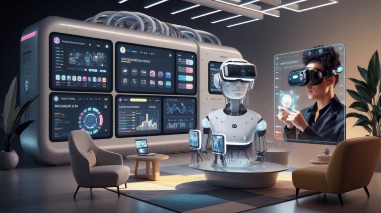 A futuristic vision of AI trends for 2025. There's a large AI system with multiple screens displaying data. In the background, there's a person wearing a virtual reality (VR) headset and another person looking at a small AI device. The room has modern furniture and a plant.