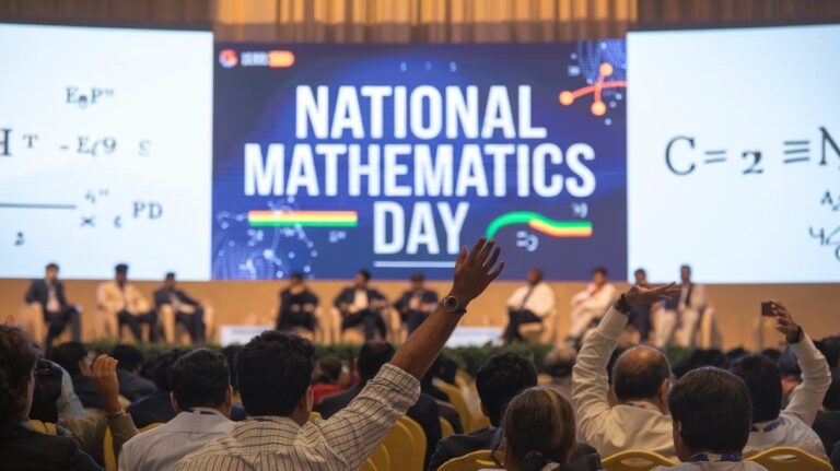 A photo of a celebration of National Mathematics Day in India. There is a large screen with mathematical equations. In the foreground, there are people sitting and standing, some with their hands raised.