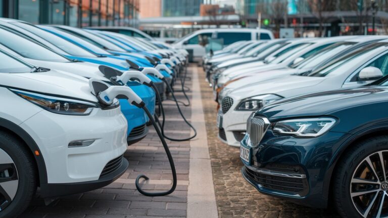 A photo of a row of electric vehicles (EVs) on the left and a row of petrol/diesel cars on the right.
