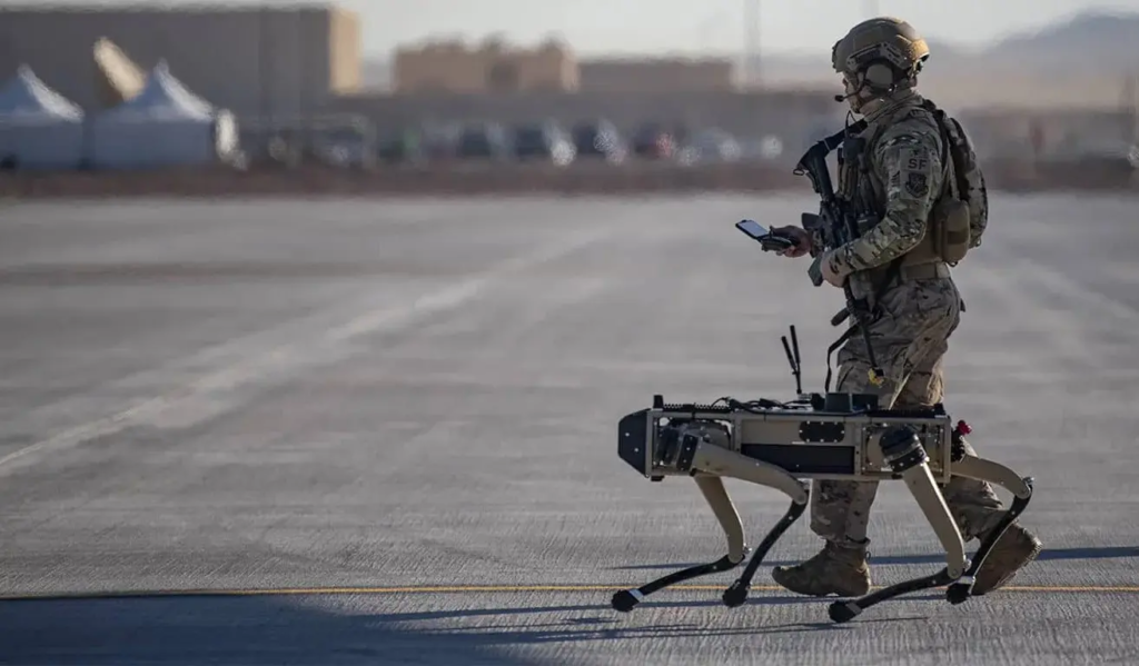 A Soldier is walking with robot dog. replicating advancement of warfare