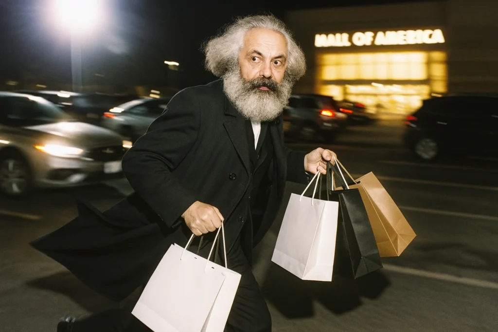 A candid paparazzi-style photo of Karl Marx hurriedly walking through the parking lot of the Mall of America, glancing over his shoulder with a startled expression as he tries to avoid being photographed. He’s clutching multiple glossy shopping bags filled with luxury goods. His coat flutters behind him in the wind, and one of the bags is swinging as if he’s mid-stride. Blurred background with cars and a glowing mall entrance to emphasize motion. Flash glare from the camera partially overexposes the image, giving it a chaotic, tabloid feel.