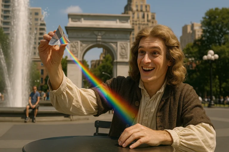 young Isaac Newton sitting at the table, with a prism, demonstrating the experiment